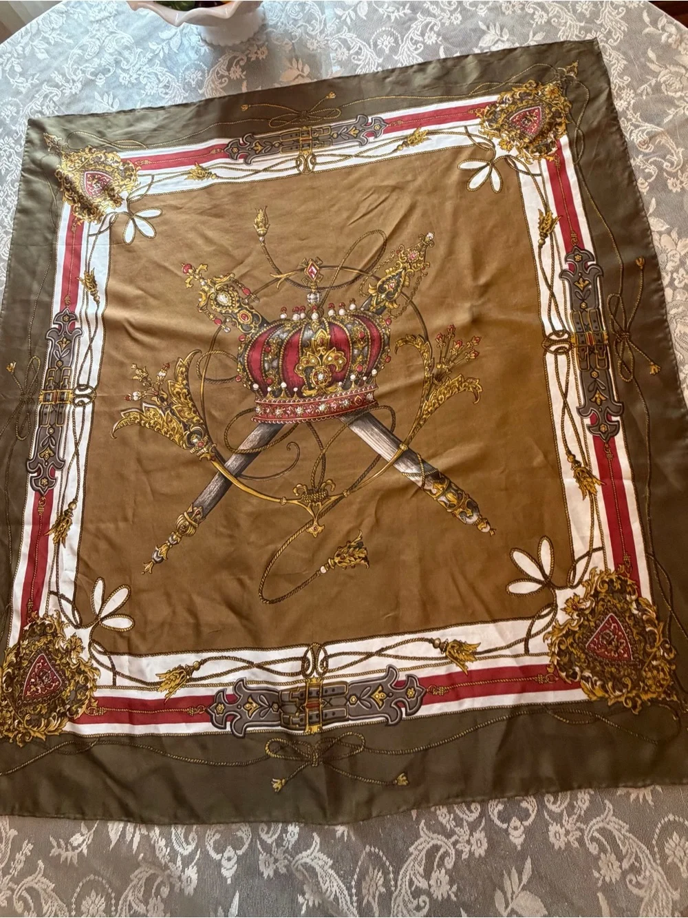 Vintage Olive Crown & Swords Decorative Silk Scarf